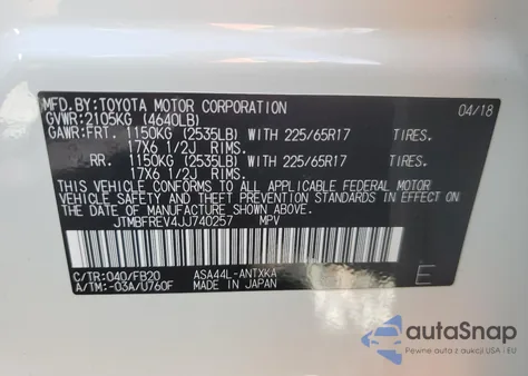 2018 Toyota Rav4 Le из США, поврежденный, VIN JTMBFREV4JJ740257